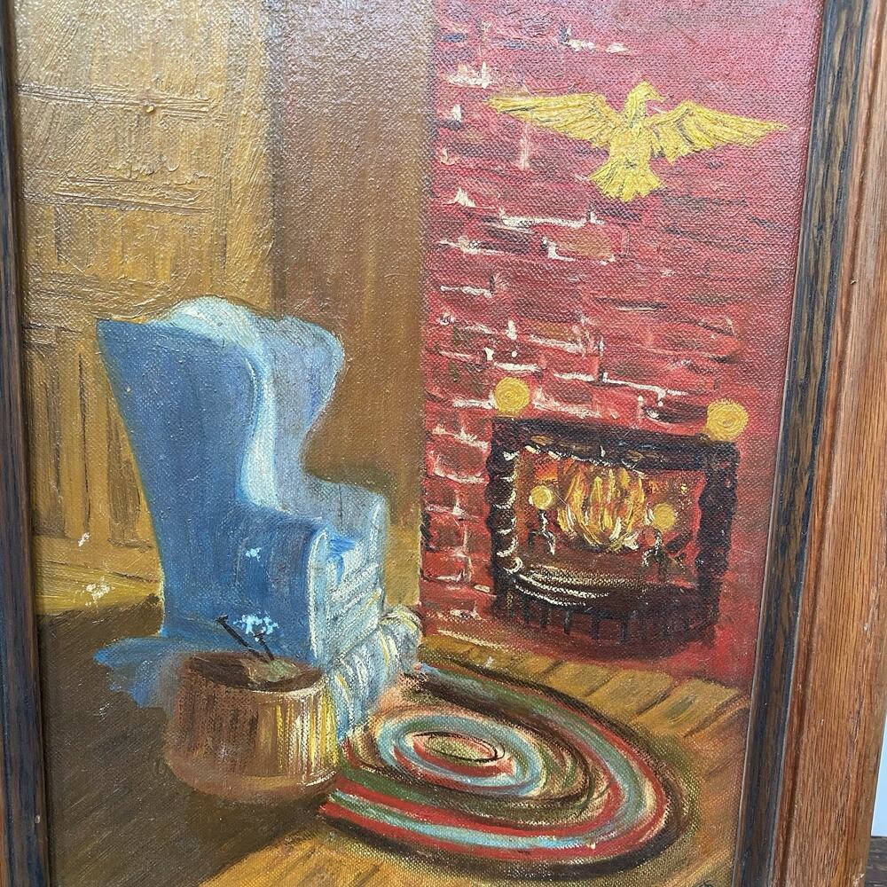 VTG Original Oil Painting on Canvas Abstract Living Room Fireplace Signed Frame - Picture 4 of 5